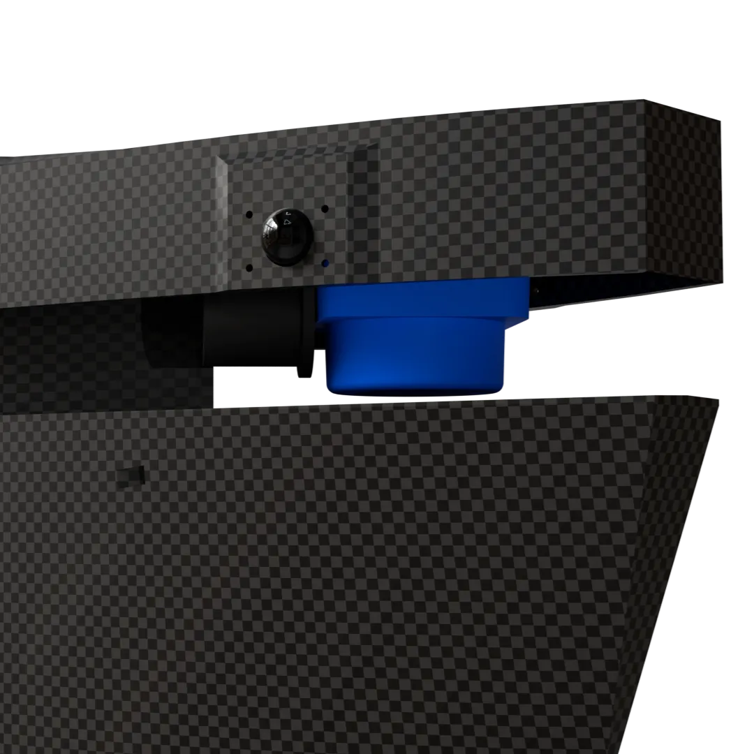 Close-up render of the gimbal-stabilised front lidar mounted in the carbon-fibre bow