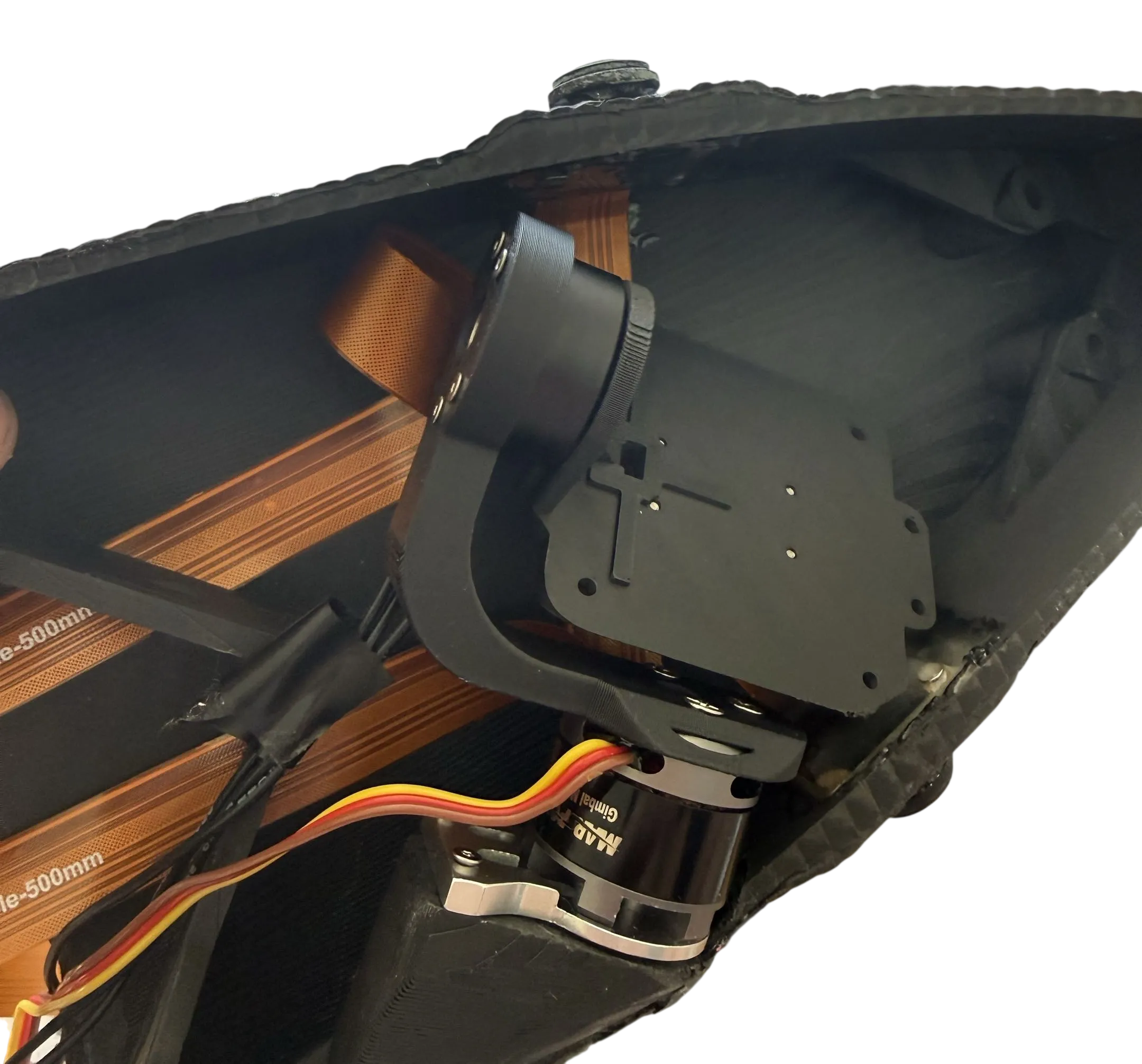 The finished lidar gimbal mounted inside the carbon-fibre bow, photographed with the lidar lifted off